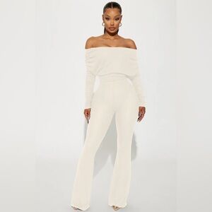 NWOT Fashion Nova Off-Shoulder Cream Jumpsuit